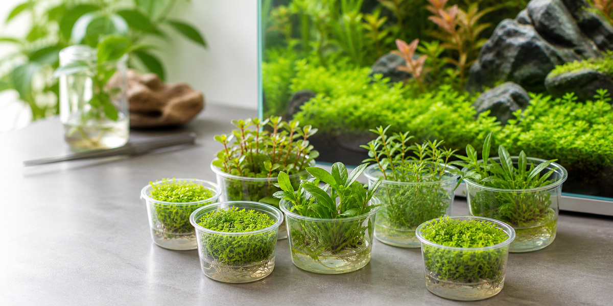 Tropica 1-2-Grow tissue-culture aquarium plants beside a planted aquascape