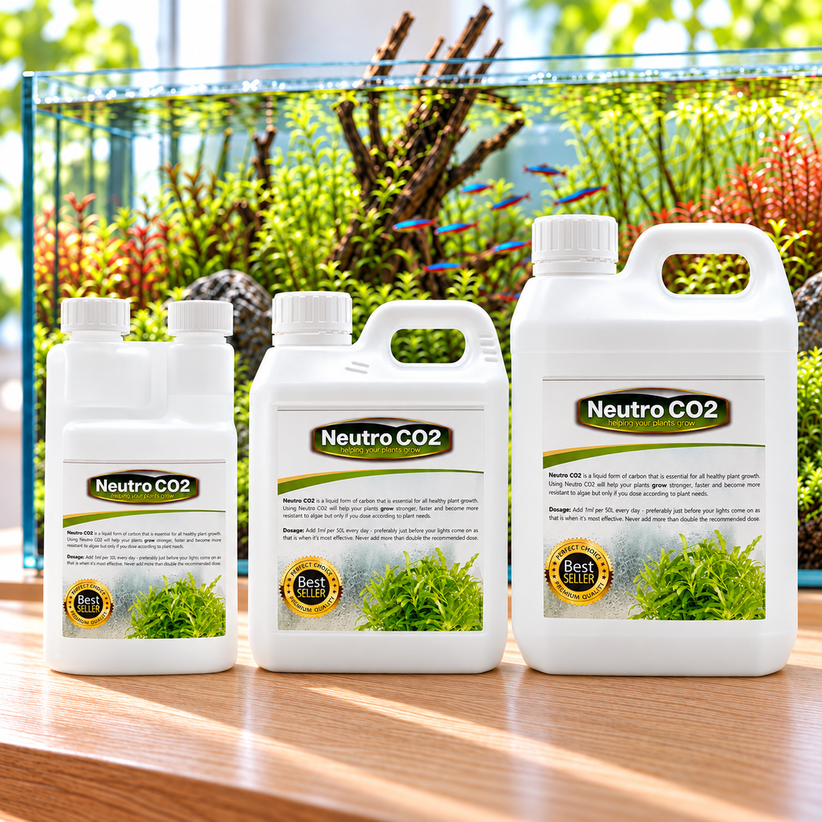 Three white plastic bottles of Neutro CO2 plant growth supplement arranged on a wooden surface in front of a colorful, planted aquarium tank.