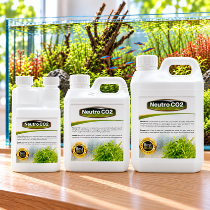 Three white plastic bottles of Neutro CO2 plant growth supplement arranged on a wooden surface in front of a colorful, planted aquarium tank.