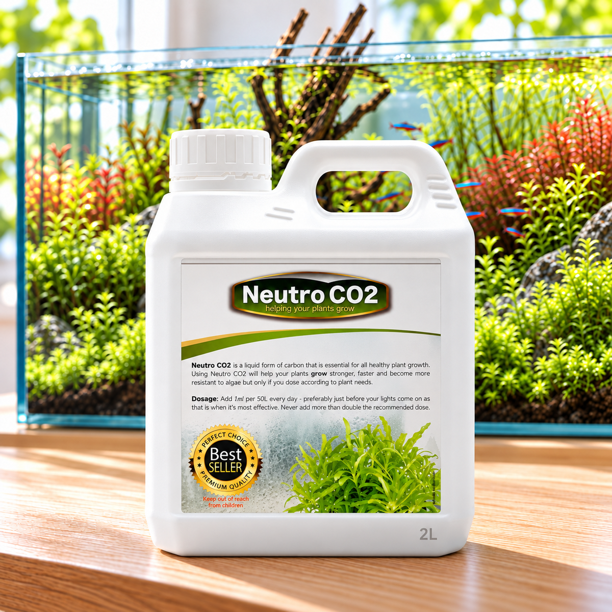 A 2L white plastic bottle of Neuto CO2 liquid carbon fertilizer for plants, set on a wooden table with a blurred green garden and fish tank in the background.