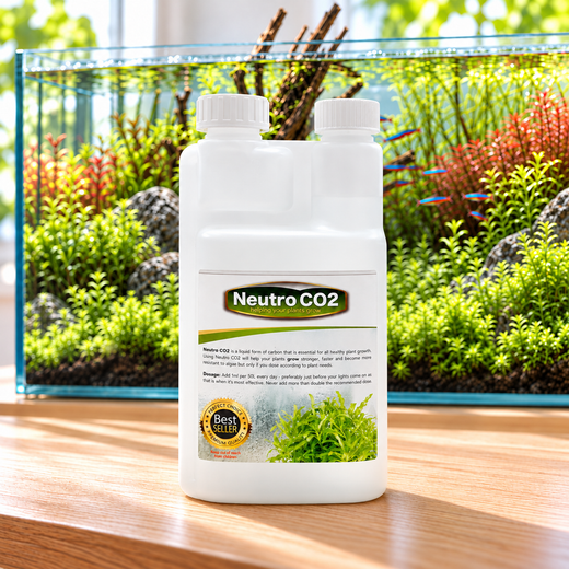 A white bottle of Neuto CO2 aquarium plant grower's supplement stands on a wooden surface in front of a live fish tank filled with green and red aquatic plants.